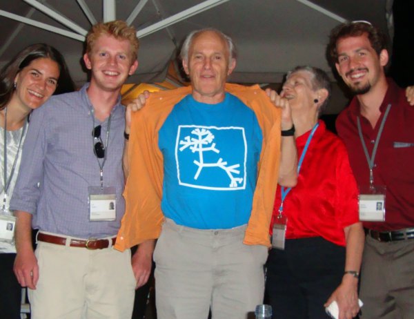 Harold Kroto posing with researchers after dinner